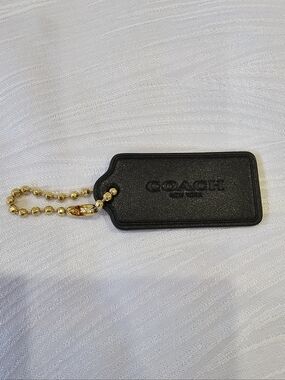 COACH Black Leather Bag Tag with Goldtone Brass Chain